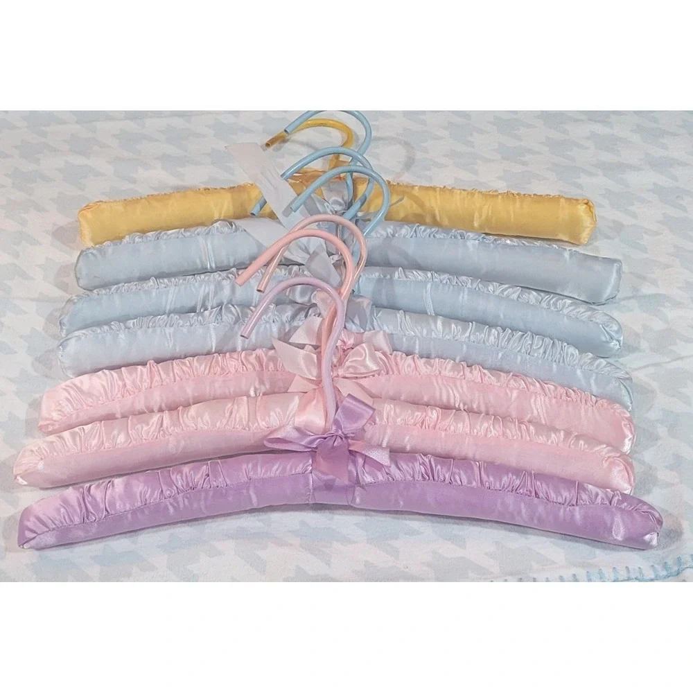 Vtg 7 Padded Satin Lingerie Hangers Pastel Pink Blue Lavender Yellow 15in